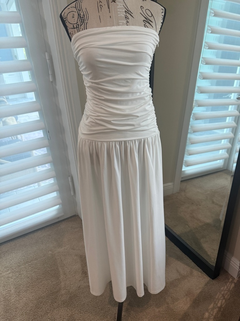 Strapless White Ruched Bodice Maxi Dress from Saks